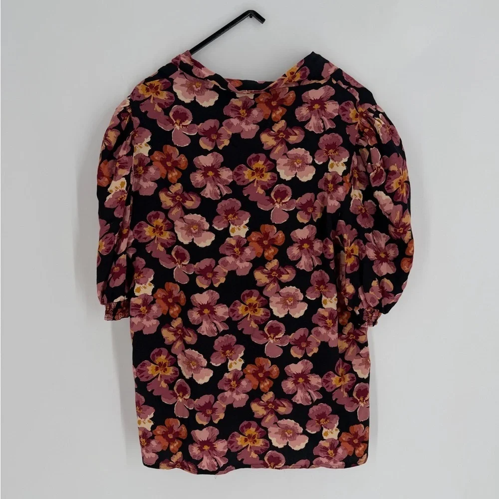 Reformation Joelle Floral Printed V Neck Tie Button Front Blouse Top In Pansy